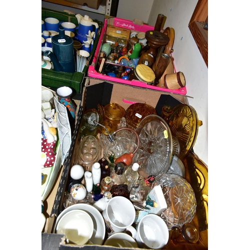 475 - FOUR BOXES OF EARLY 20TH CENTURY FEEDING CUPS, TORQUAY WARE AND SIMILAR, TREEN, ETC, including press... 