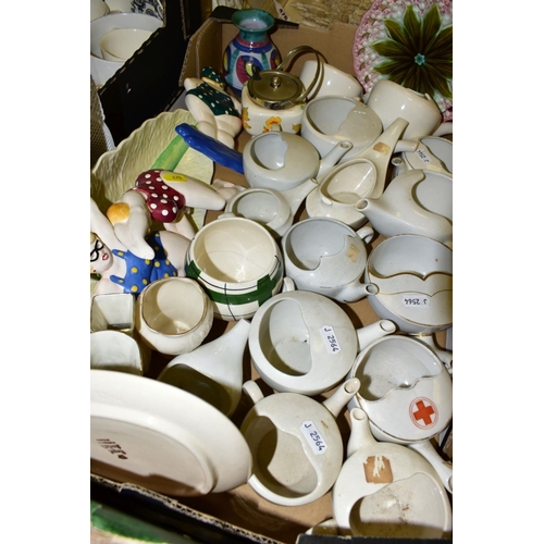 475 - FOUR BOXES OF EARLY 20TH CENTURY FEEDING CUPS, TORQUAY WARE AND SIMILAR, TREEN, ETC, including press... 