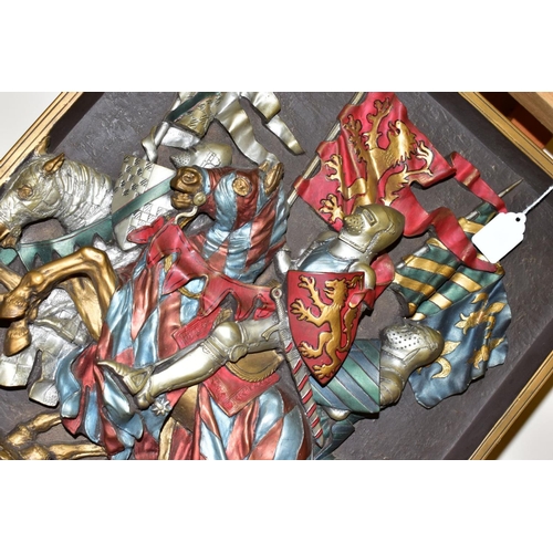 476 - D H MORETON, THREE MARCUS DESIGNS CERAMIC PLAQUES, depicting Medieval scenes, sizes 36.5cm x 34cm (t... 