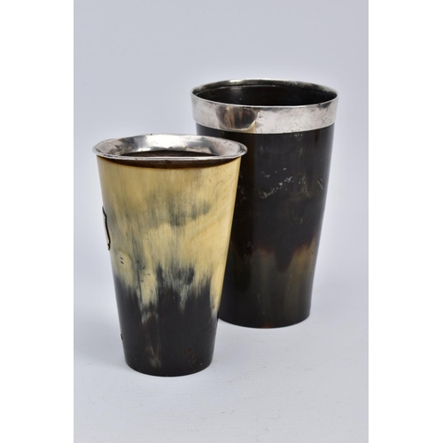 48 - TWO HORN BEAKERS, the first of brown and cream colour, with a silver vacant cartouche to the front a... 