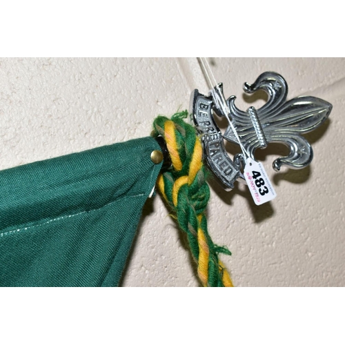 483 - A SCOUTING PROCESSION FLAG ON EBONISED POLE WITH PLATED MOUNTS, for 1st Woodbeck and 'Be Prepared' m... 