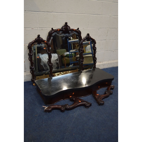 1339 - A DISTRESSED VICTORIAN MAHOGANY WALL MOUNTED CONSOLE TABLE, the triple mirror back with foliate vine... 