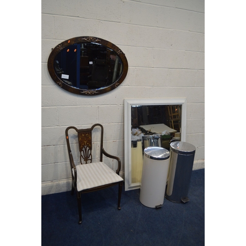 1341 - AN ARTS AND CRAFTS BEATON COPPER FRAMED OVAL BEVELLED EDGE WALL MIRROR, together with an Edwardian m... 