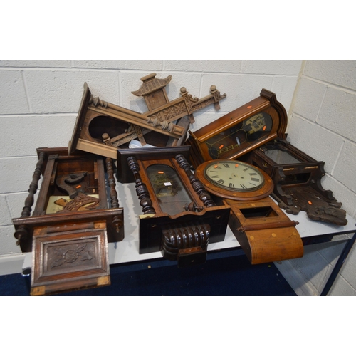 1343 - SIX VARIOUS WALL CLOCK CARCAS'S, of various ages, styles and conditions, two clocks with movements (... 