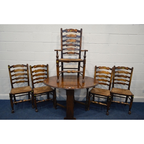 1346 - AN EARLY TO MID 20TH CENTURY OAK OVAL TOPPED GATE LEG TABLE, together with a set of five rush seated... 