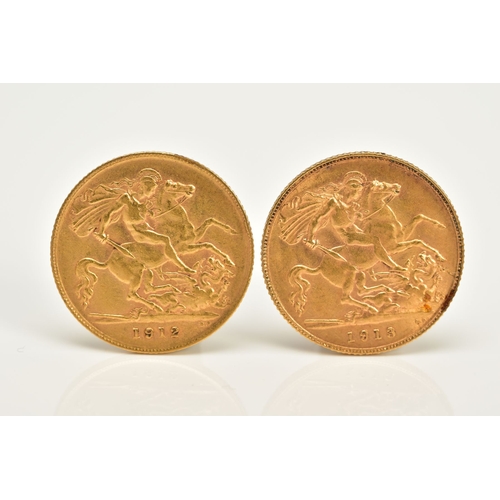 73 - TWO GOLD GEORGE V HALF SOVEREIGNS, dated 1912/13, each weighing 4.0 grams, approximate gross weight ... 