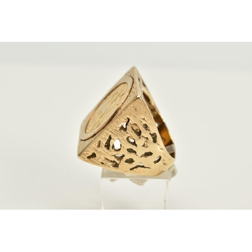 27 - A 9CT GOLD HALF SOVEREIGN RING, the half sovereign dated 1910, set within a textured square surround...