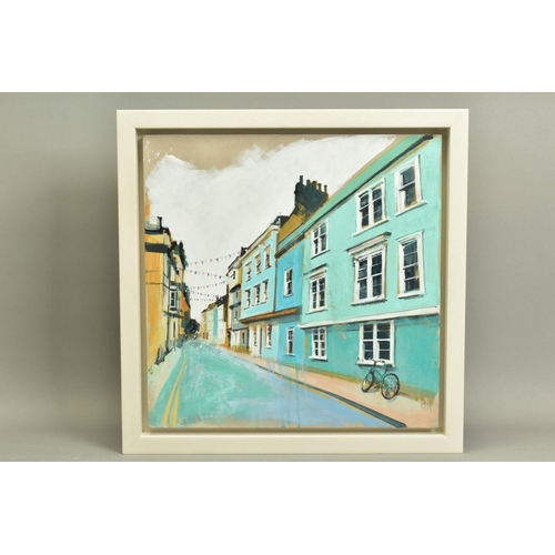 8 - CAMILLA DOWSE (BRITISH 1968), 'Bicycle and Bunting II', a village street scene, initialled bottom le... 