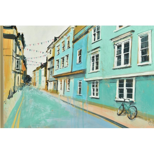 8 - CAMILLA DOWSE (BRITISH 1968), 'Bicycle and Bunting II', a village street scene, initialled bottom le... 