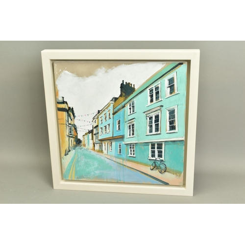 8 - CAMILLA DOWSE (BRITISH 1968), 'Bicycle and Bunting II', a village street scene, initialled bottom le... 