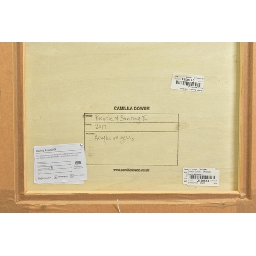 8 - CAMILLA DOWSE (BRITISH 1968), 'Bicycle and Bunting II', a village street scene, initialled bottom le... 