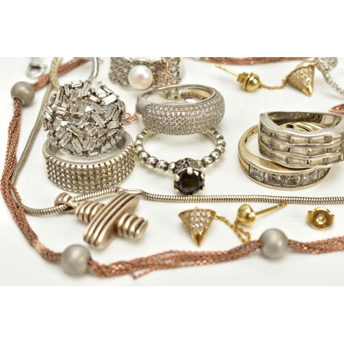 105 - A SELECTION OF JEWELLERY, to include a pair of gold tone, colourless stone set hoop earrings, stampe... 