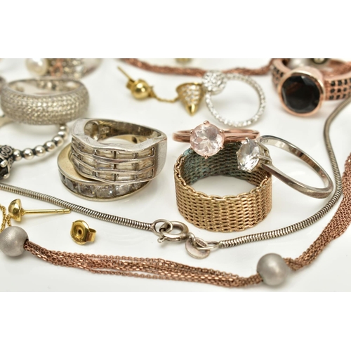 105 - A SELECTION OF JEWELLERY, to include a pair of gold tone, colourless stone set hoop earrings, stampe... 