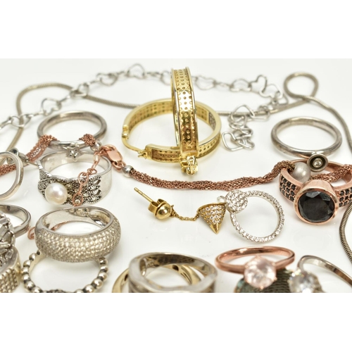 105 - A SELECTION OF JEWELLERY, to include a pair of gold tone, colourless stone set hoop earrings, stampe... 