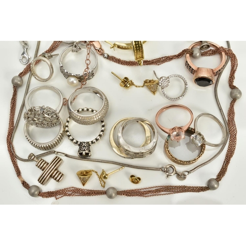 105 - A SELECTION OF JEWELLERY, to include a pair of gold tone, colourless stone set hoop earrings, stampe... 