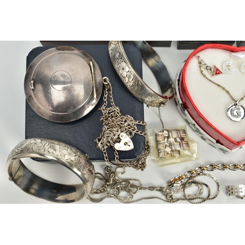 109 - A SELECTION OF ITEMS, to include a small quantity of silver jewellery such as two half floral engrav... 