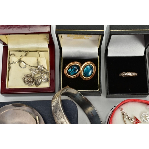 109 - A SELECTION OF ITEMS, to include a small quantity of silver jewellery such as two half floral engrav... 