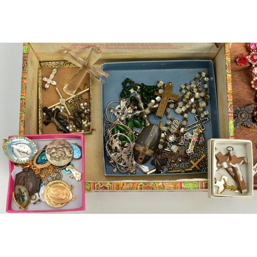 110 - TWO BOXES OF COSTUME JEWELLERY, to include four rosary beads, a quantity of religious and crucifix r... 