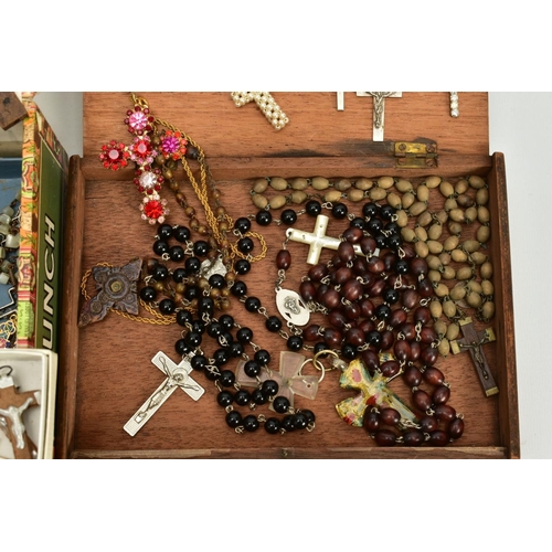 110 - TWO BOXES OF COSTUME JEWELLERY, to include four rosary beads, a quantity of religious and crucifix r... 