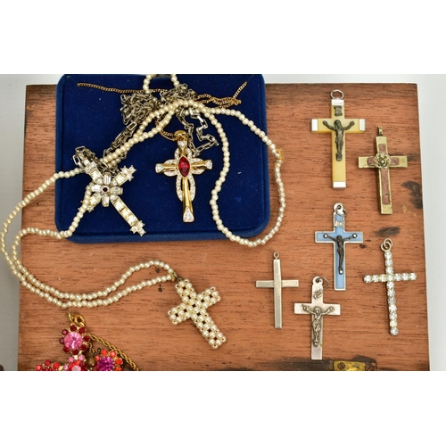 110 - TWO BOXES OF COSTUME JEWELLERY, to include four rosary beads, a quantity of religious and crucifix r... 