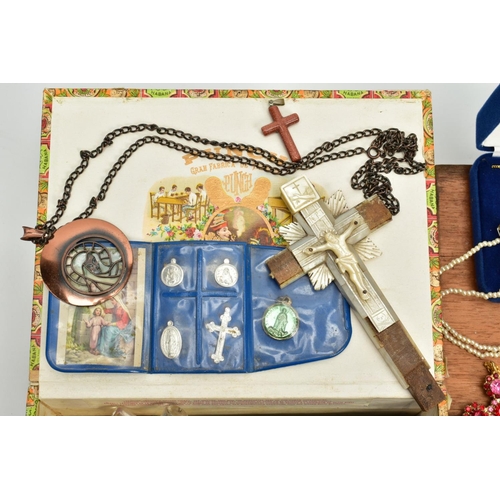 110 - TWO BOXES OF COSTUME JEWELLERY, to include four rosary beads, a quantity of religious and crucifix r... 