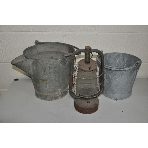 1118 - AN UNUSUAL SPOUTED GALVANISED BUCKET, diameter 31cm x height 32cm, a modern galvanised bucket and a ... 