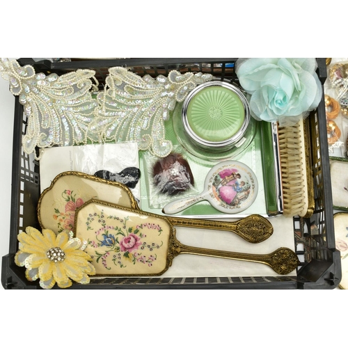 113 - THREE TRAYS OF ITEMS, to include two wooden handled trays with various bags of vintage buttons and b... 