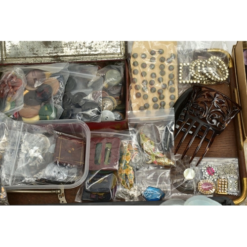 113 - THREE TRAYS OF ITEMS, to include two wooden handled trays with various bags of vintage buttons and b... 