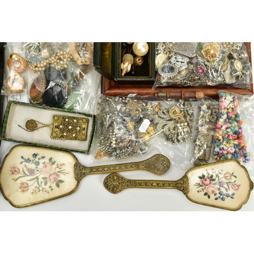 113 - THREE TRAYS OF ITEMS, to include two wooden handled trays with various bags of vintage buttons and b... 