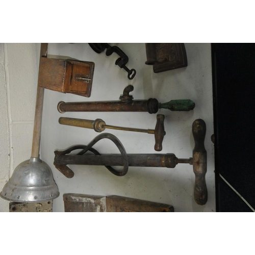 1137 - A SELECTION OF VINTAGE COLLECTABLES including five antique door locks, a tilly lamp, two paraffin la... 