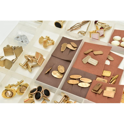 114 - A TRAY OF CUFFLINKS, to include thirty seven pairs of cufflinks in various forms, such as 9ct gold f... 