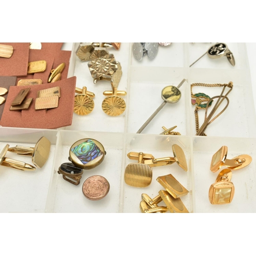 114 - A TRAY OF CUFFLINKS, to include thirty seven pairs of cufflinks in various forms, such as 9ct gold f... 