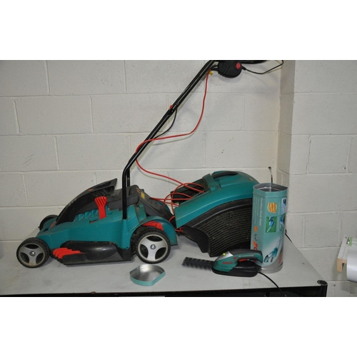 1141 - A BOSCH ROTAK 40 ELECTRIC LAWN MOWER with grass box and a Bosch Isio cordless shrub shears (both PAT... 