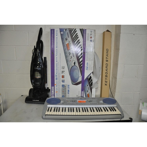 1142 - A YAMAHA PSR 275 KEYBOARD in original box and PSU, a folding stand and a Morphy Richards Ultralight ... 