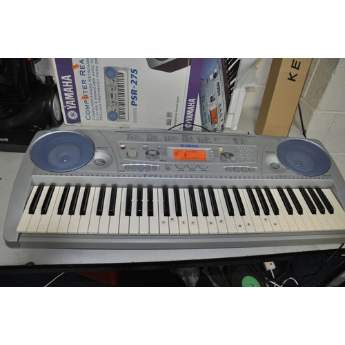 1142 - A YAMAHA PSR 275 KEYBOARD in original box and PSU, a folding stand and a Morphy Richards Ultralight ... 