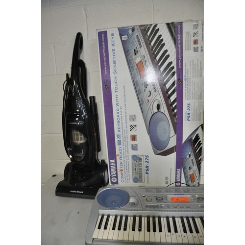 1142 - A YAMAHA PSR 275 KEYBOARD in original box and PSU, a folding stand and a Morphy Richards Ultralight ... 