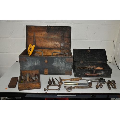 1145 - A WOODEN TOOL CHEST AND CASE CONTAINING UPHOLSTERERS TOOLS including tack hammers, scissors, shears,... 