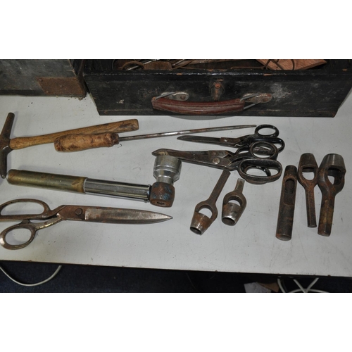 1145 - A WOODEN TOOL CHEST AND CASE CONTAINING UPHOLSTERERS TOOLS including tack hammers, scissors, shears,... 