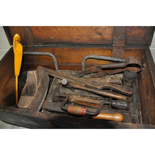 1145 - A WOODEN TOOL CHEST AND CASE CONTAINING UPHOLSTERERS TOOLS including tack hammers, scissors, shears,... 