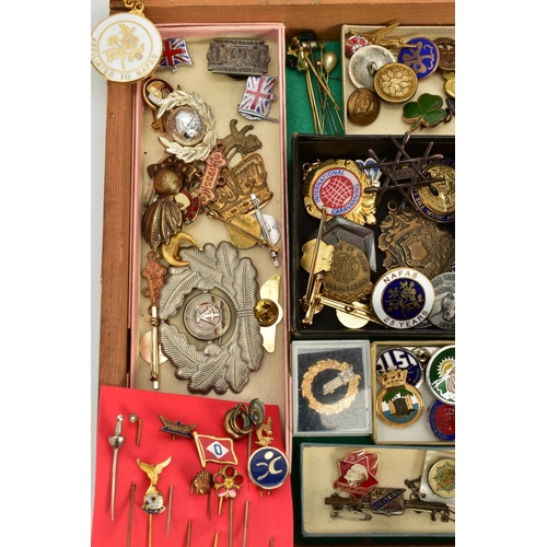 116 - A DISPLAY CASE FILLED WITH BROOCHES, HAT PINS, BUTTONS AND MEDALS, to include a large quantity of br... 