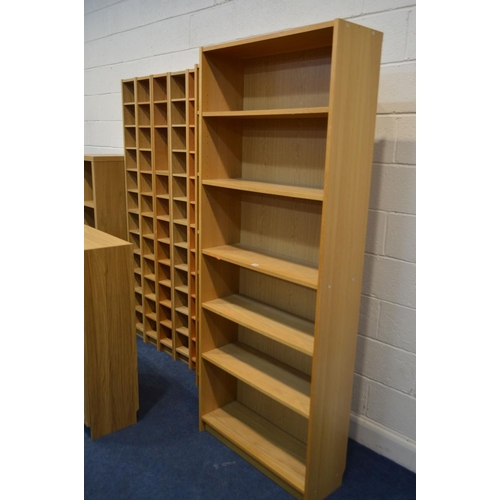 1205 - A SELECTION OF MODERN BEECH/OAK FINISH BOOKCASES, to include two large open bookcases, width 80cm x ... 