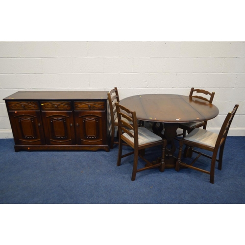 1207 - AN OAK GATE LEG TABLE, four ladder back chairs together with an oak sideboard (6)