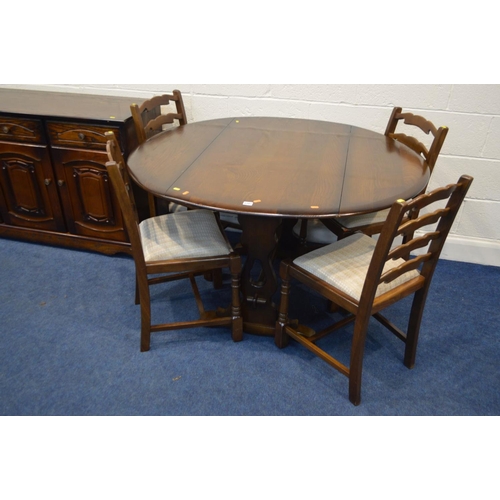 1207 - AN OAK GATE LEG TABLE, four ladder back chairs together with an oak sideboard (6)