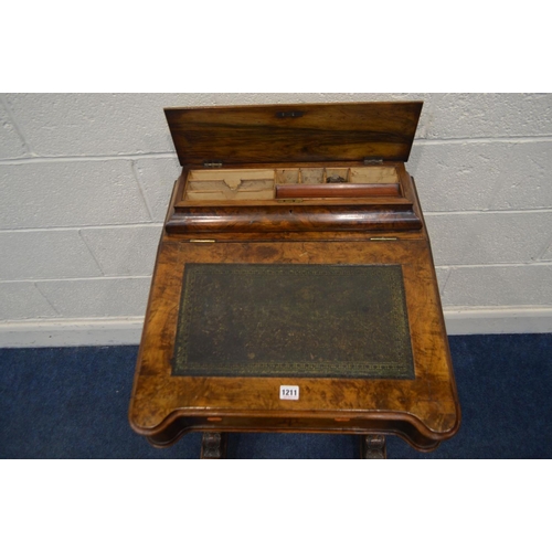 1211 - A LATE VICTORIAN WALNUT DAVENPORT, fretwork gallery on a hinged stationary compartment, a sloping li... 