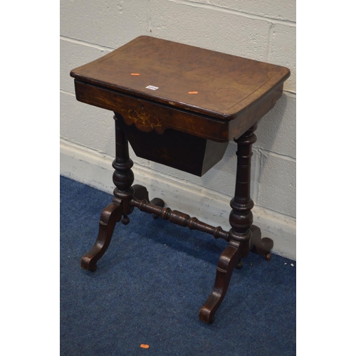 1214 - A LATE VICTORIAN WALNUT AND MARQUETRY INLAID WORK TABLE, the top enclosing fitted compartments, on t... 