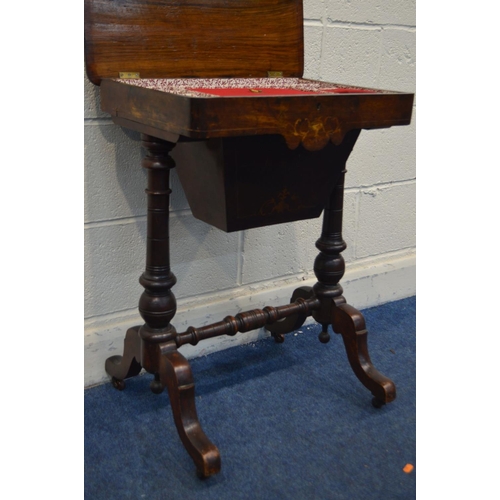 1214 - A LATE VICTORIAN WALNUT AND MARQUETRY INLAID WORK TABLE, the top enclosing fitted compartments, on t... 