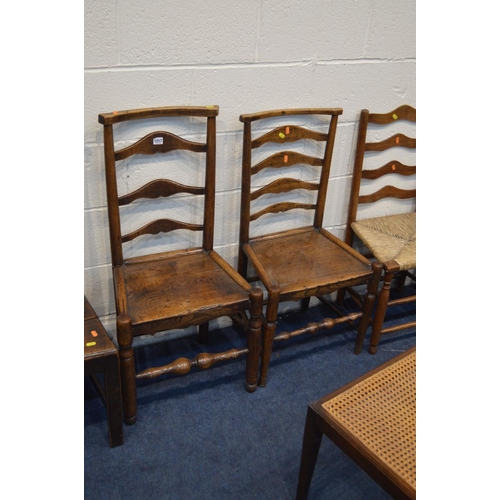 1217 - FOUR VARIOUS PERIOD COUNTRY OAK CHAIRS, one rush seated, together with two cane topped stools, foldi... 