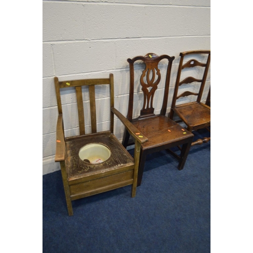 1217 - FOUR VARIOUS PERIOD COUNTRY OAK CHAIRS, one rush seated, together with two cane topped stools, foldi... 