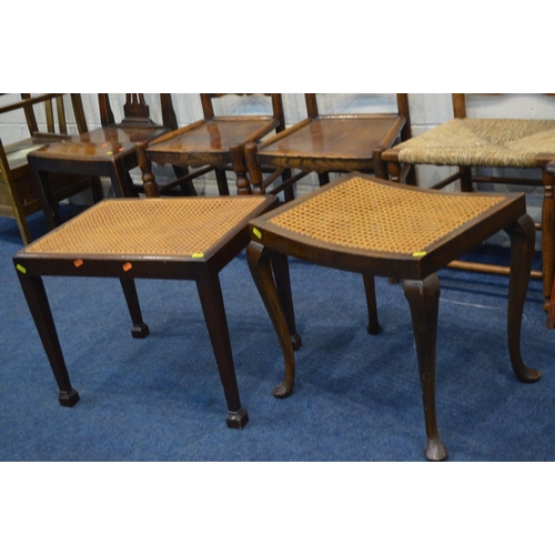 1217 - FOUR VARIOUS PERIOD COUNTRY OAK CHAIRS, one rush seated, together with two cane topped stools, foldi... 