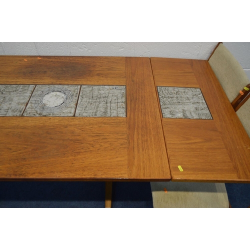 1222 - A GANGSO MOBLER TEAK TILE TOP DROP END DINING TABLE, extended length 241cm x 168cm x depth 90cn x he... 